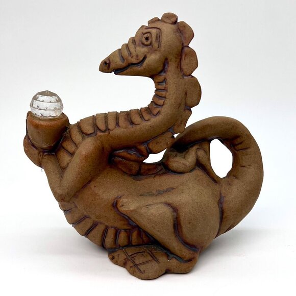 1986 Handmade Stoneware Dragon Sculpture With Crystal Ball - Picture 4 of 8